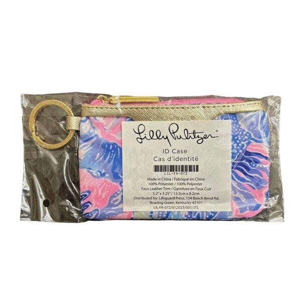 Lilly Pulitzer ID Case in Shade Seekers Coin Wallet Keyring Pink Blue Zipper - Picture 2 of 3